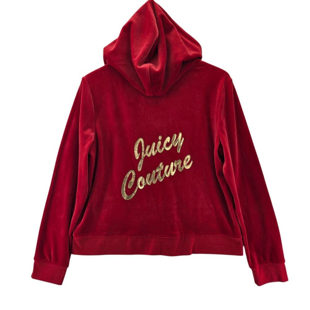 Juicy Couture Red Velour Hoodie Size Large Gold Logo On Back Y2K Bling Dopamine